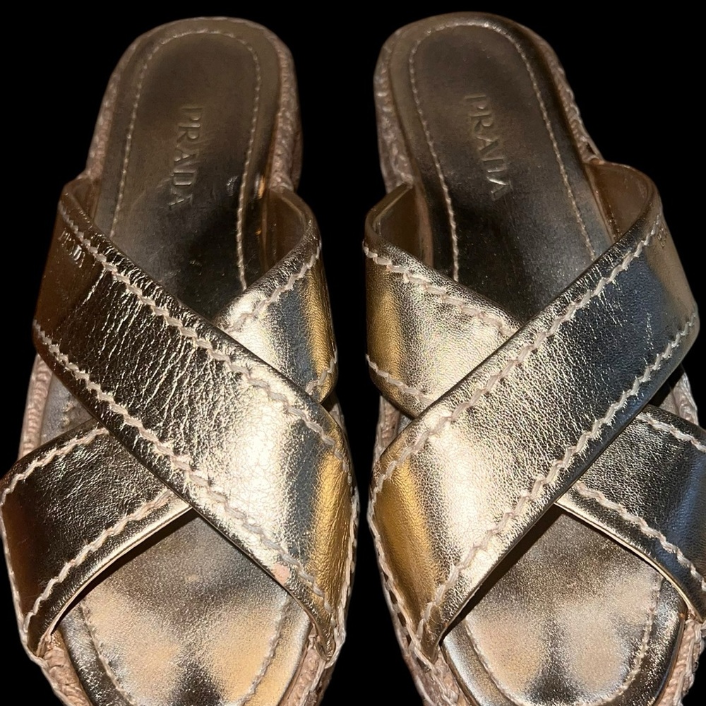 Prada Gold Espadrille Shoes with Crisscross Straps